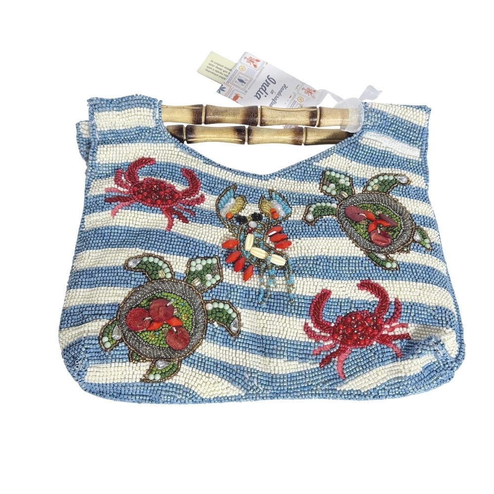 Nautical Beaded Handbag Blue White Striped Crab Sea Turtle Bamboo Handle NEW